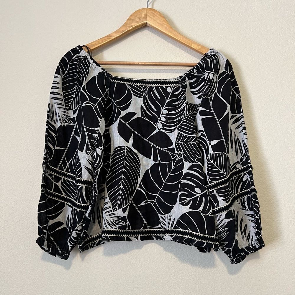 Cynthia Rowley 100% Linen Floral Black and White Leaf Print Women's Top
